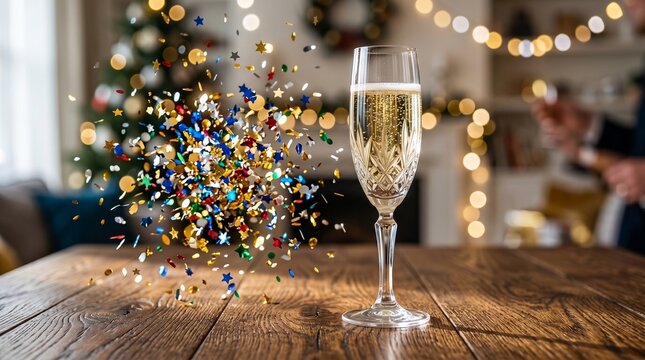 A single crystal champagne flute with sparkling bubbles sits on a rustic wooden table with colorful confetti exploding beside it in a festive home setting.