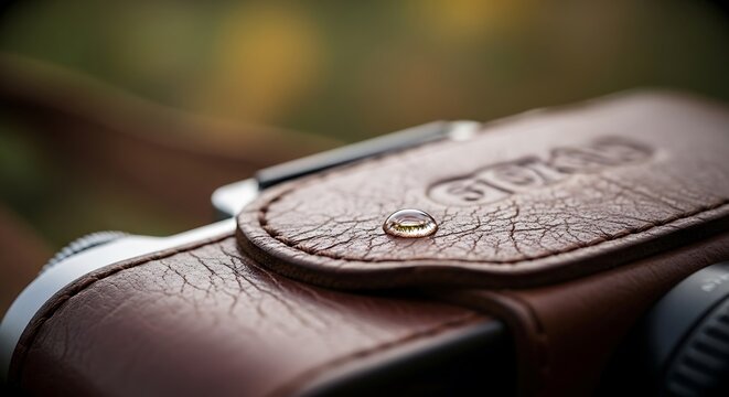 Close-up of brown leather camera.
