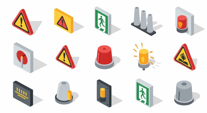 Collection of isometric safety and warning signs, including hazard symbols, emergency exit signs, and alarm lights.