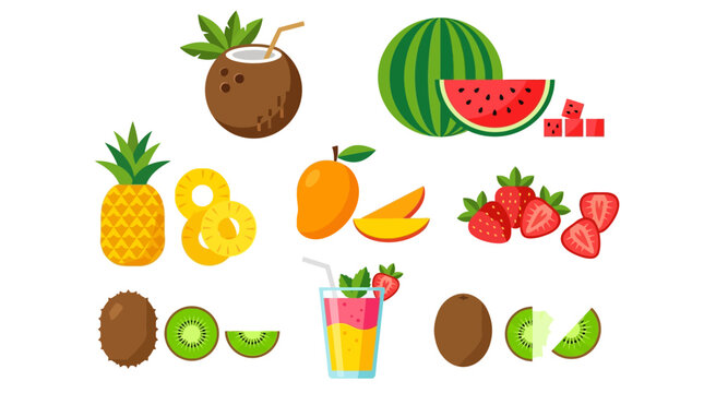 Juicy Summer Fruits and Smoothie Ingredients Vector Asset Sheet with Coconut, Mango, Watermelon and Smoothie Glass in Clean Flat Design for Tropical Freshness Concepts