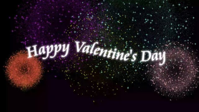 Glowing Happy Valentine's Day text with romantic colorful firework sparkle explosion on black background for love celebration vfx 4k