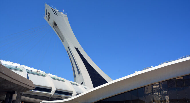 MONTREAL QUEBEC CANADA: The Montreal Olympic Stadium and tower. It's the tallest inclined tower in the world.Tour Olympique stands 175 meters tall and at a 45-degree angle.