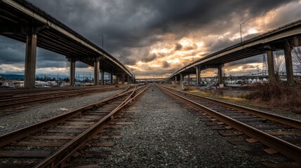 Obraz premium Sunset Over Urban Railroad Tracks with Dramatic Clouds Above, Capturing Contrast Between Infrastructure and Nature's Beauty