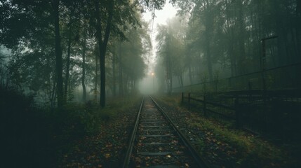 Fototapeta premium Serene Foggy Forest Pathway with Railway Tracks and Lush Greenery Surrounding in a Mysterious and Atmospheric Setting