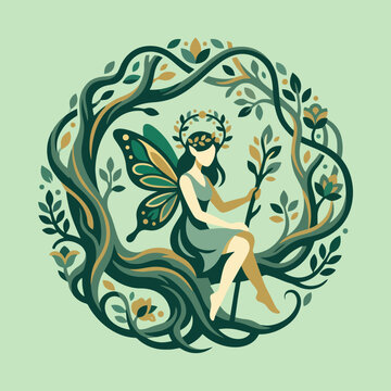 A magical fairy sits inside a circular frame of green branches