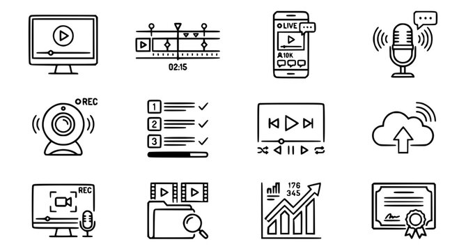 Video Tutorials and Online Learning Streaming Line Icons Vector Set