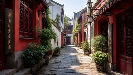 Fototapeta premium Traditional alley Chinese street scene with red walls and stone path