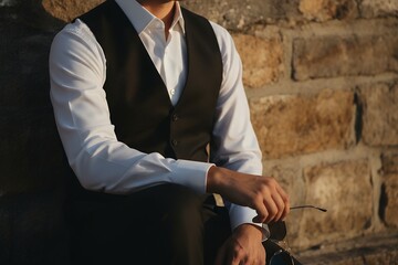 Fototapeta premium Man in vest and white shirt sits against stone wall with glasses