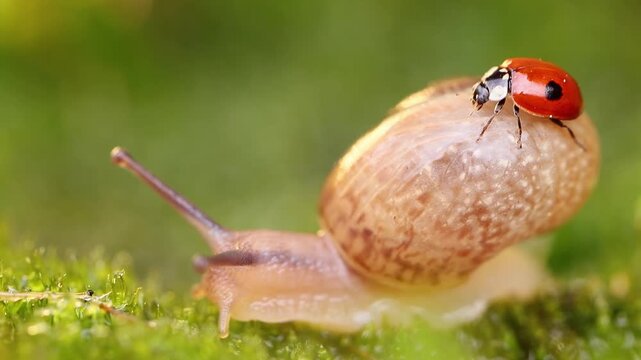 Ladybug rides on snail shell slowly moving on green moss.