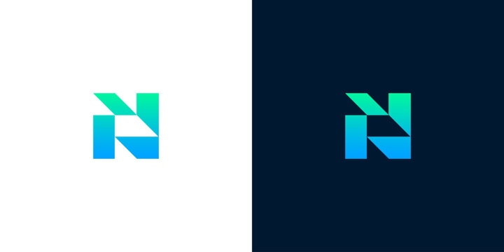 Modern geometric letter N logo design template with blue gradient color on dark and white background