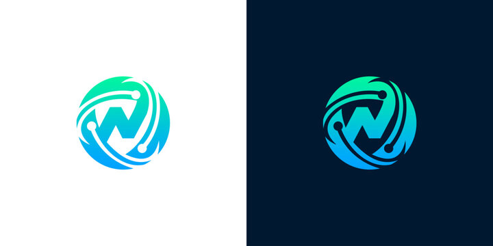 Modern Letter W Technology Logo with Circuit and Connection Lines in Circular Sphere Shape Vector