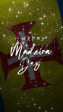 Happy madeira day text animation with waving flag and fireworks ideal for celebration events, holidays, banners, posters, invitations or promotional materials.