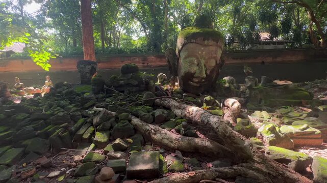 Ancient Buddha statues covered in moss lie in ruins at a temple in Chiang Mai, Thailand. The weathered stone figures evoke a sense of history and spiritual decay.