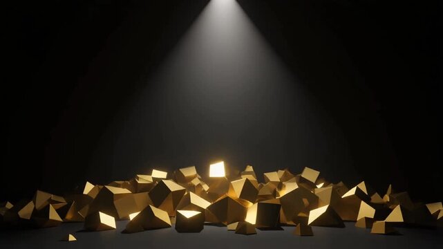 Abstract golden geometric shards piled on a dark studio floor illuminated by a dramatic overhead spotlight