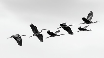 Obraz premium Graceful Cranes in Flight Against a Soft Gray Sky