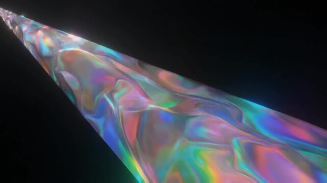 Vibrant iridescent holographic triangular prism with rippling liquid texture flowing through a dark black void