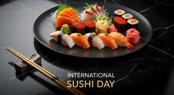 International sushi day celebration with assorted sushi on a black plate