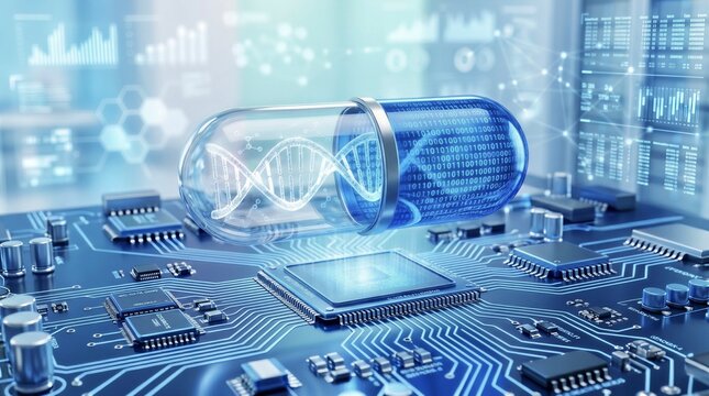 Digital Medicine and Biotechnology Concept with Medical Capsule on Circuit Board and DNA Helix Structure