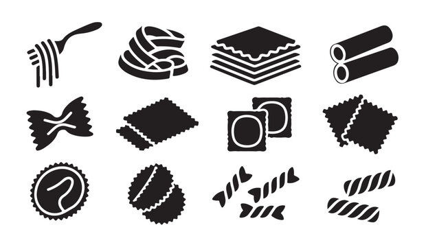 Black icons illustrating different types of pasta shapes and ingredients.