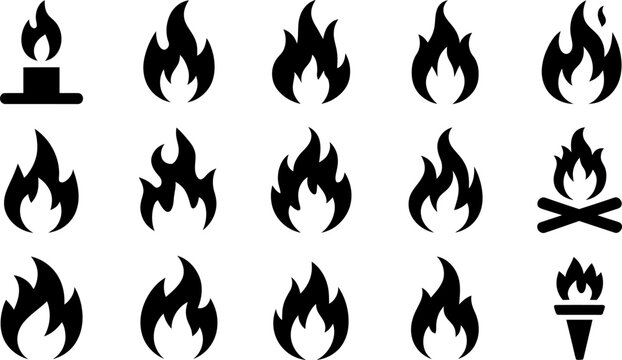 Collection of Flame Icons: A diverse compilation of black silhouette icons representing flames, fire, and a torch, perfect for graphic design and informational use.