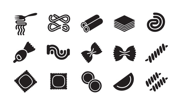 Assortment of black icons for pasta and noodles, including fork and sauce bottle.