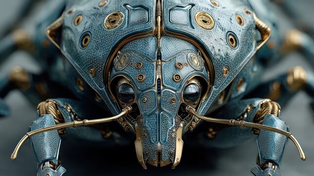 Close-up of a meticulously crafted, metallic insect robot with intricate details and textures