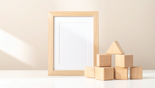 Empty Photo Frame with Wooden Blocks: A clean, empty wooden photo frame stands beside a small pyramid of natural wooden building blocks, symbolizing childhood, creativity, and future memories.