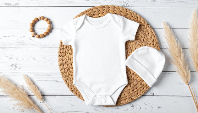 Baby Onesie Mockup: A blank white baby onesie, a soft cotton hat, and a wooden bead bracelet are artfully arranged on a natural woven mat, surrounded by dried grass elements.