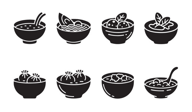 Asian soup bowls with noodles dumplings and meatballs vector black silhouette icon set pack.