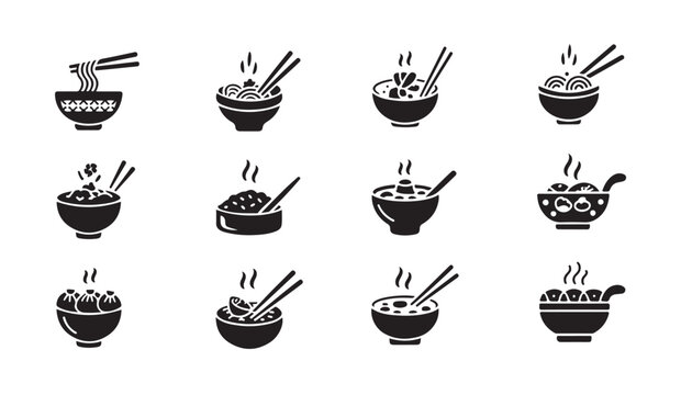Steaming bowl of noodles and rice icons with chopsticks and spoons vector silhouette design.