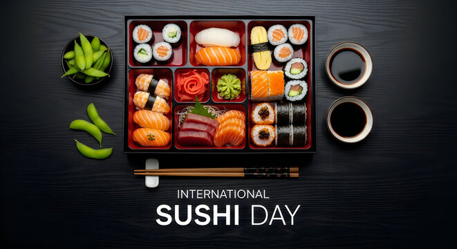 International sushi day celebration with assorted sushi and edamame