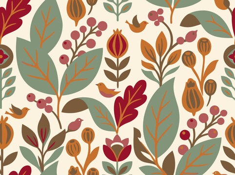 Autumn Folk Art Seamless Pattern with Birds and Botanical Leaves