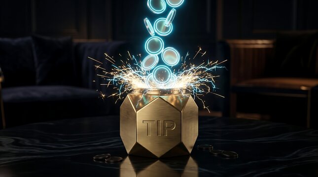 Glowing Digital Coins Falling into Gold Tip Jar with Sparks
