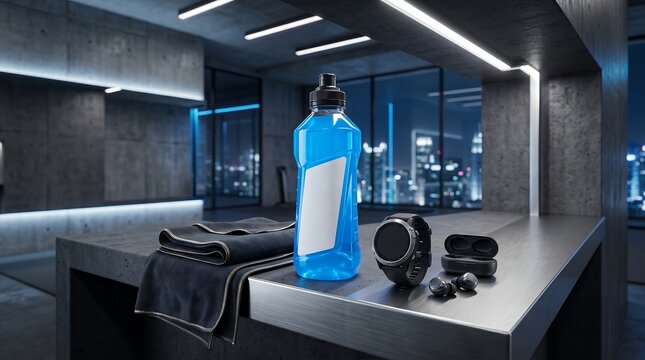 Sport water bottle mockup in dark gym with fitness tracker