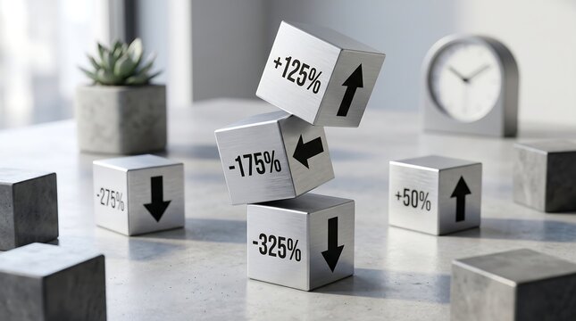 Metallic percent cubes with trend arrows on a desk