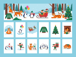 Fototapeta premium Cute Christmas and Winter Holiday Illustration Set with Tiger Penguins and Elves