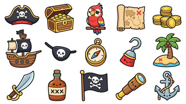 Collection of cute cartoon pirate icons including a ship, treasure chest, parrot, map, and sword.