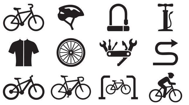 Bicycle icons, cycling symbols, bike accessories, sports graphics