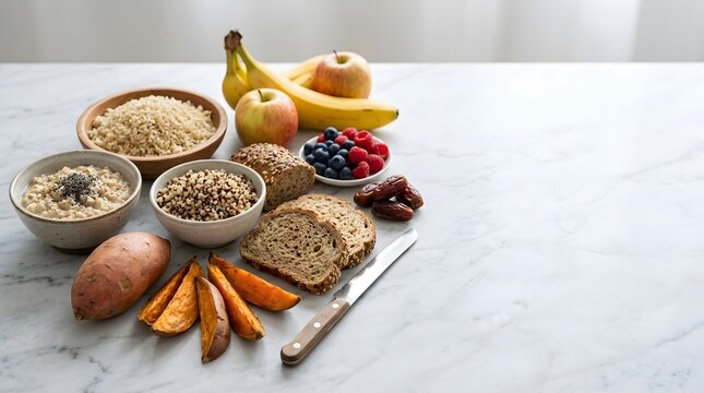Healthy carbohydrate foods for sports nutrition endurance energy and fitness performance concept