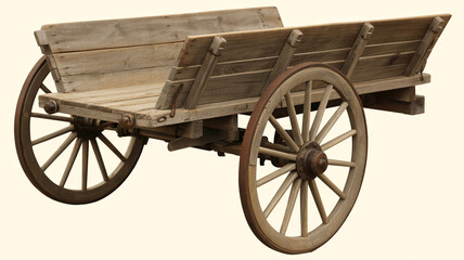 Obraz premium Rustic wooden cart with large spoked wheels on a neutral background