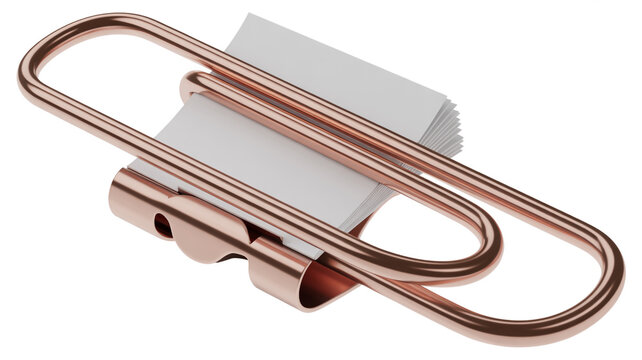 Rose gold paperclip holding a stack of white business cards with a stand feature
