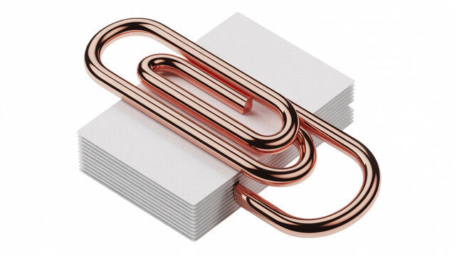 Rose gold paperclip holding a stack of white business cards or blank paper