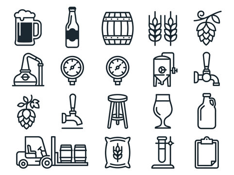 Brewery and Beer Production Line Icon Set for Craft Brewing Industry