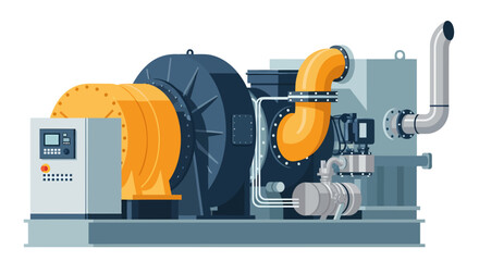 A flat vector illustration of an industrial gas turbine compressor assembly mounted on a steel base frame © Faisal