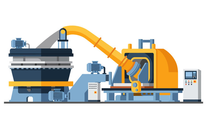 A flat vector illustration of an industrial manufacturing assembly line with machinery chutes and control panels