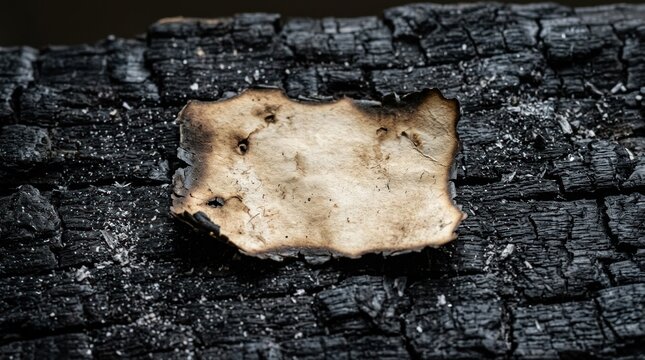Close-up of a charred log with a small patch of unburnt wood.