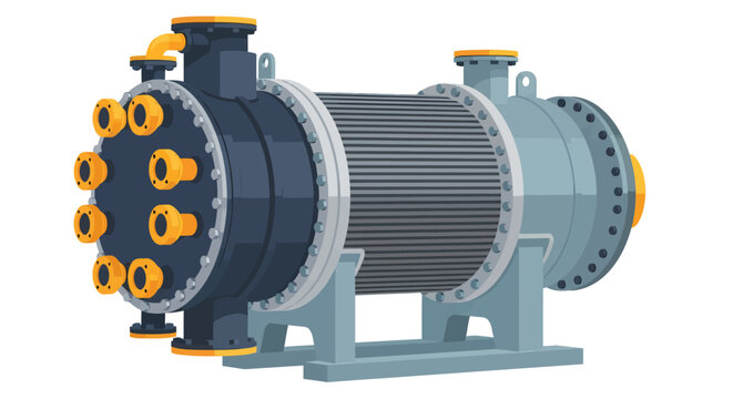 A horizontal shellandtube heat exchanger featuring a dark circular header with yellow flanged outlets and light blue casing
