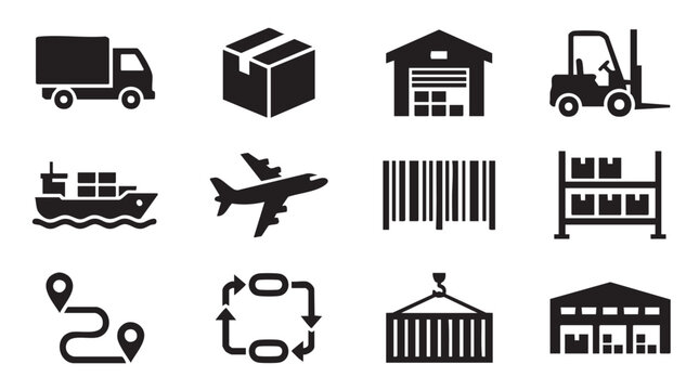 Logistics icons, transportation symbols, shipping and delivery signs, warehouse and freight vector graphics