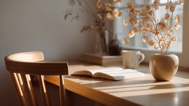 Cozy reading nook with an open book on a wooden table and a vase of dried flowers