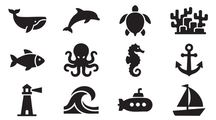Nautical icons, ocean symbols, marine signs, 12 black vector graphics © Muhammad